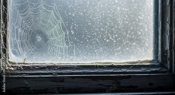 Fototapeta Creepy cobweb covering a frosted window pane in an abandoned building, setting a spooky Halloween scene