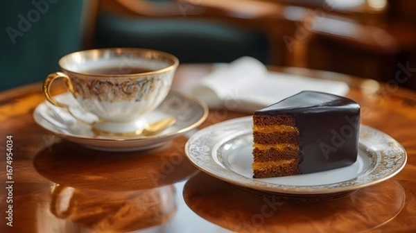 Fototapeta Sacher Torte Slice Recipe: Classic Austrian Chocolate Cake with Apricot Jam and Shiny Dark Ganache