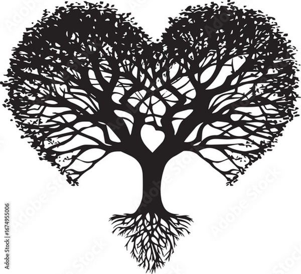 Fototapeta Silhouette of a Loving Tree: A striking silhouette depicts a tree whose branches and roots intertwine to form a heart, symbolizing love, growth, and connection in nature.