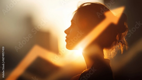 Fototapeta Silhouette of woman against bright sunset, symbolizing growth and success with upward arrow overlay. image conveys sense of optimism and ambition