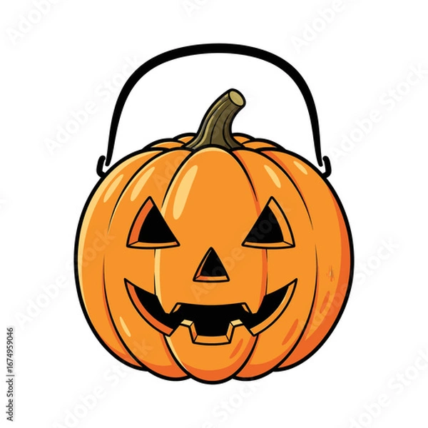 Fototapeta Cartoon illustration of a classic orange jack-o'-lantern candy bucket with a happy carved face, an iconic symbol for Halloween trick-or-treating fun