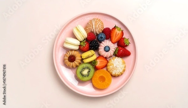 Fototapeta Colorful dessert platter with assorted pastries and fruits