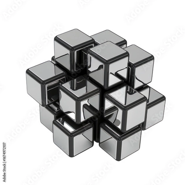 Fototapeta A metallic puzzle cube made of smaller cubes, isolated on transparent background