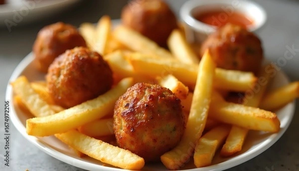 Fototapeta Delicious Plated Meal Featuring Meatballs Fries And Assorted Savory Sauces For Dinner