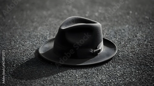 Obraz Black and white photograph of a fedora hat placed on the ground, symbolizing mystery, noir style, absence, or a forgotten moment