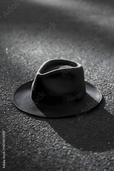 Obraz Black and white photograph of a fedora hat placed on the ground, symbolizing mystery, noir style, absence, or a forgotten moment