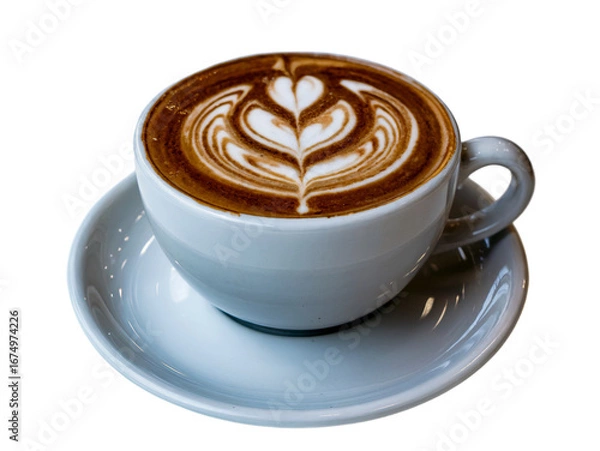 Fototapeta A delicious cup of latte coffee with intricate latte art, served in a white ceramic cup and saucer, isolated on a transparent background