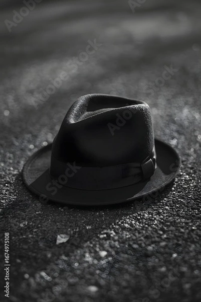 Obraz Black and white photograph of a fedora hat placed on the ground, symbolizing mystery, noir style, absence, or a forgotten moment