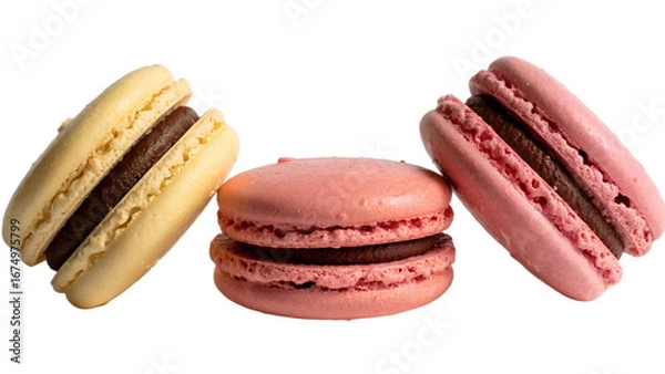 Fototapeta Three colorful macarons, two pink and one cream, filled with chocolate, isolated on a transparent background