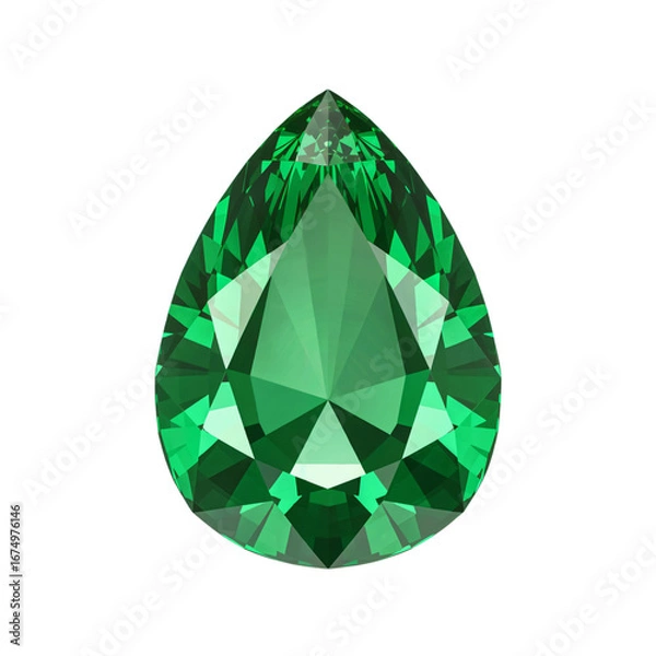 Fototapeta A single, faceted, pearshaped emerald gemstone isolated on a transparent background