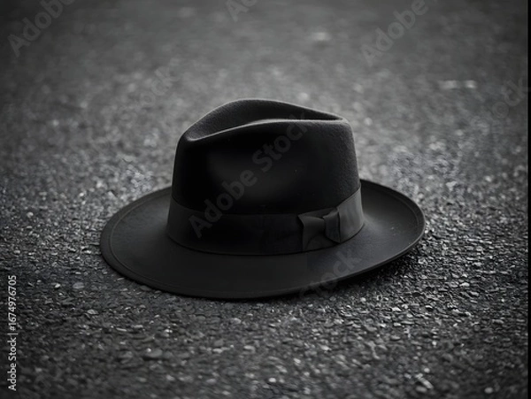 Obraz Black and white photograph of a fedora hat placed on the ground, symbolizing mystery, noir style, absence, or a forgotten moment