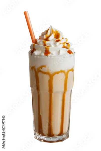 Fototapeta Caramel milkshake with whipped cream and caramel drizzle, isolated on transparent background