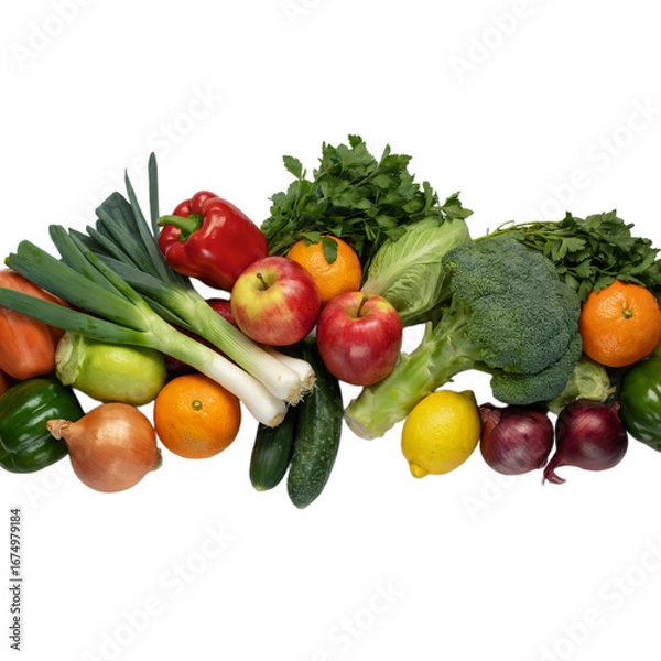 Fototapeta A vibrant assortment of fresh vegetables and fruits, including broccoli, apples, peppers, onions, and citrus, isolated on a transparent background