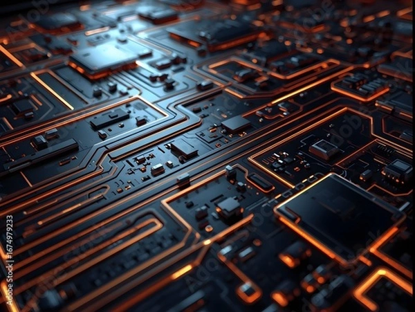Obraz Close-up of futuristic glowing circuit board with orange neon lines, symbolizing advanced technology, digital systems, data flow, and artificial intelligence