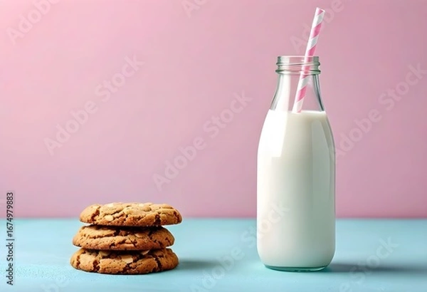 Fototapeta Stack of three cookies next to a glass bottle filled with milk and a striped straw, set against a pink and blue background.