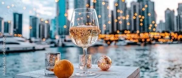 Obraz Romantic Evening with Sparkling Wine by the Marina