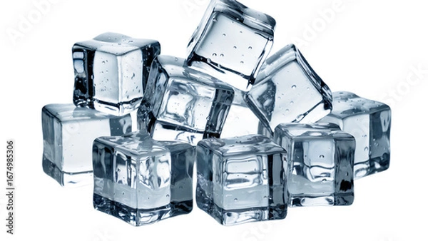 Fototapeta A pile of clear ice cubes, isolated on transparent background, representing coldness and refreshment