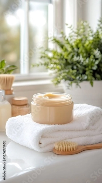 Fototapeta Moisturizing body cream resting on a towel in a bright bathroom