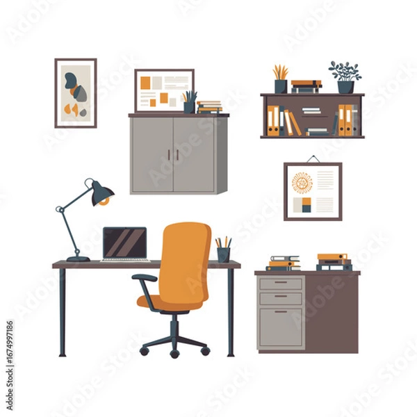 Fototapeta Vector illustration of a modern office desk with a computer, furniture, and other business icons