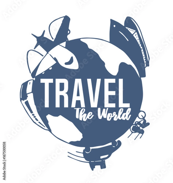Fototapeta blue flat round logo about travelling with different kinds of transport on a symbolic earth