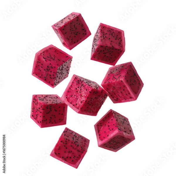 Fototapeta Scattered cubes of vibrant pink dragon fruit isolated on transparent background