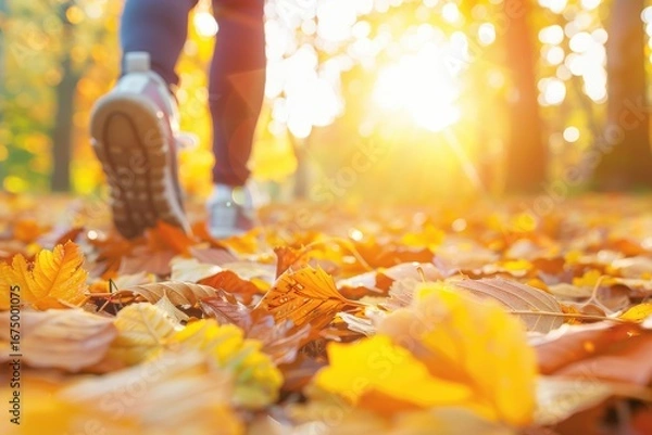 Fototapeta Walking on Golden Autumn Leaves in Sunny Park with Warm Light