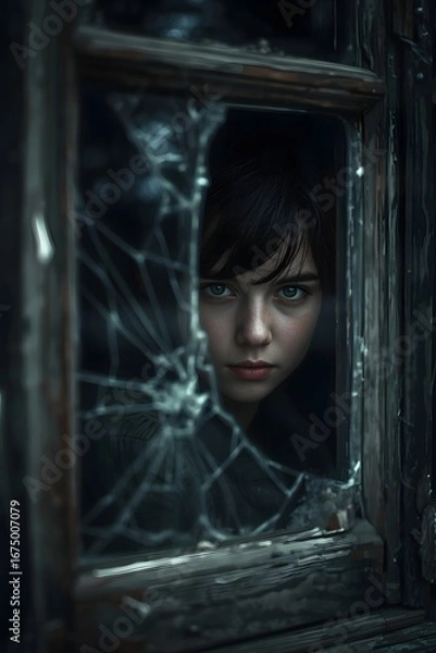 Obraz Moody portrait of a young boy staring through a cracked broken window, symbolizing hardship, resilience, loneliness, and emotional storytelling in a dark cinematic atmosphere