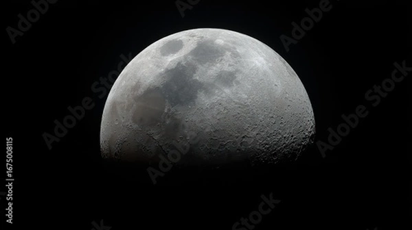 Fototapeta Close-up of the moon against a black background, presenting surreal details and cinematic atmosphere, creates a striking celestial scene for the use of celestial themes.