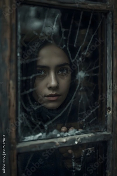 Obraz Moody portrait of a young boy staring through a cracked broken window, symbolizing hardship, resilience, loneliness, and emotional storytelling in a dark cinematic atmosphere