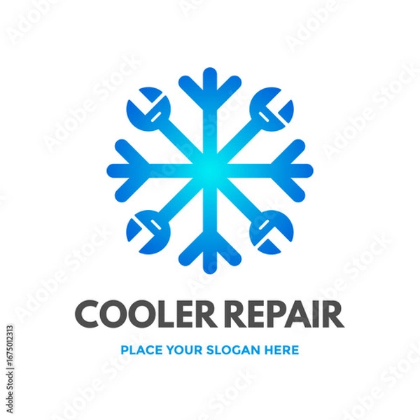 Fototapeta A modern logo featuring a snowflake, symbolizing repair and maintenance services for air conditioning, cooling systems, or refrigeration appliances.