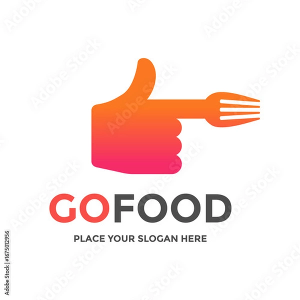 Fototapeta Modern and creative logo for food delivery services, restaurants, or culinary businesses. Features a thumb-up gesture combined with a fork, symbolizing quick and satisfying food experiences.