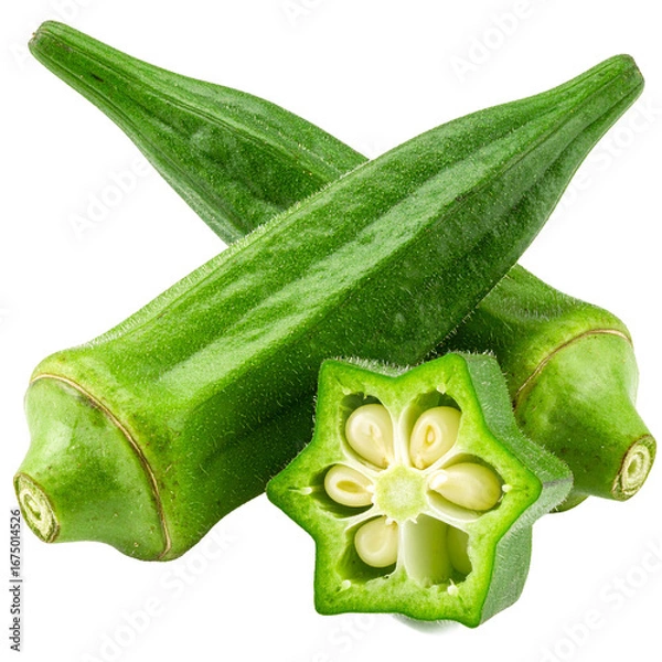 Fototapeta Fresh Okra Display Isolated On White Background: Fresh okra pods, with one meticulously sliced to unveil the internal star-shaped design, inviting viewers into a world of vibrant flavor. 
