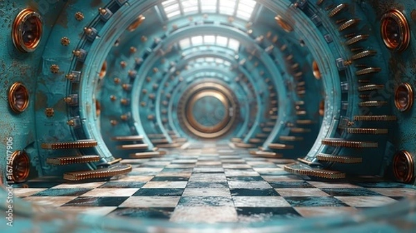 Fototapeta Steampunk Futuristic Corridor with Teal Walls, Gold Machinery, Checkered Floor, and Intric