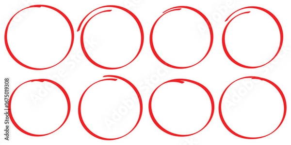 Fototapeta red pen hand drawn doodle marks, red circle and oval stroke set. Outline red drawing line clipart symbol. hand drawn red circle. brush drawn highlight marker. eps 10