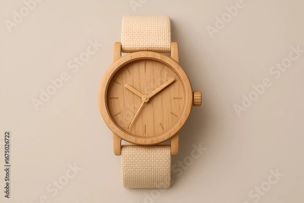 Obraz Realistic wooden wristwatch with beige organic fabric strap, captured on a neutral background with soft lighting for eco-friendly and minimalist product presentation.