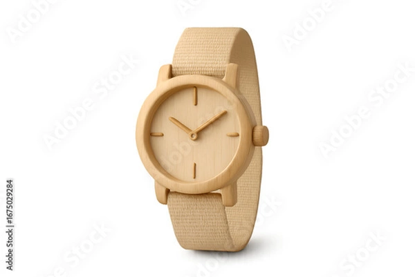 Obraz Realistic eco-friendly wooden wristwatch featuring a beige organic fabric strap, isolated on transparent background for versatile product design, branding, and presentation use.