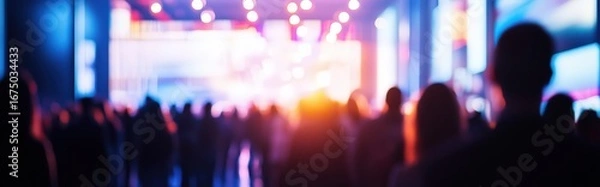 Fototapeta Blurred background of a large anonymous crowd watching a vibrant light show at a conference or concert event