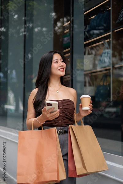 Fototapeta Young woman walking with shopping bags and using smartphone in front of a store window