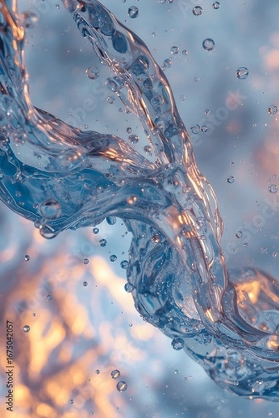 Obraz Abstract macro shot of liquid with bubbles and light reflections, showing fluid motion and organic textures in shades of blue and orange, perfect for modern design and background use