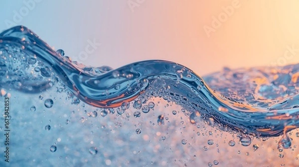 Obraz Abstract macro shot of liquid with bubbles and light reflections, showing fluid motion and organic textures in shades of blue and orange, perfect for modern design and background use