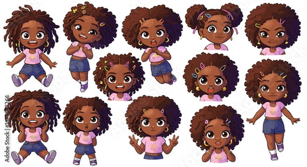 Obraz Cute Animated Black Girl Chibi Character Collection With Various Hairstyles and Expressions