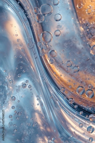 Obraz Abstract macro shot of liquid with bubbles and light reflections, showing fluid motion and organic textures in shades of blue and orange, perfect for modern design and background use