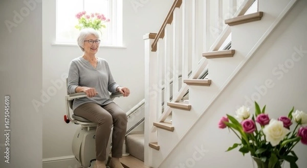 Fototapeta Senior Woman Comfortably Ascending Stairs with Stairlift in Home Setting
