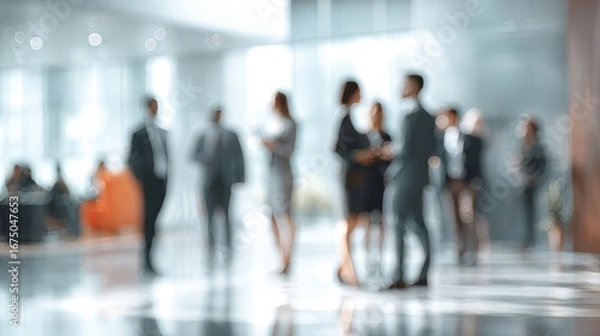 Fototapeta Blurred image of business people talking in modern office lobby with copy space, corporate teamwork and professional communication concept for workplace collaboration, leadership, and company culture 