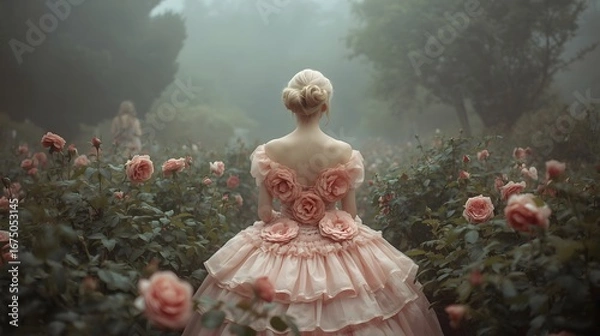 Obraz Romantic dreamy scene of a woman in an elegant flowing pink gown adorned with roses, walking into a mystical foggy garden surrounded by blooming flowers and enchanting atmosphere