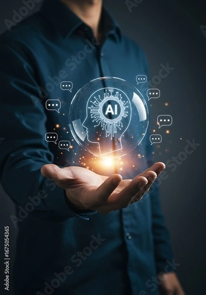 Fototapeta A person holds a holographic AI representation, symbolizing artificial intelligence technology.