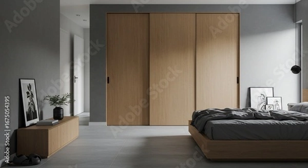 Obraz 穏やか光差し込む、シンプルモダンな寝室 木目調スライド式クローゼット. AI Generated