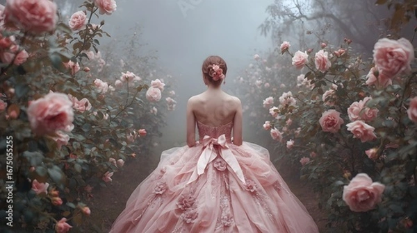 Obraz Romantic dreamy scene of a woman in an elegant flowing pink gown adorned with roses, walking into a mystical foggy garden surrounded by blooming flowers and enchanting atmosphere