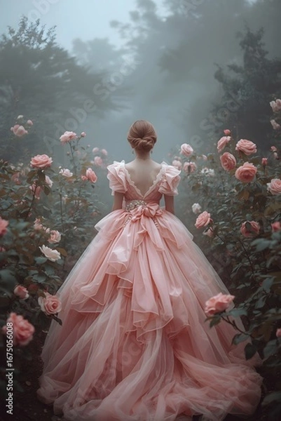 Obraz Romantic dreamy scene of a woman in an elegant flowing pink gown adorned with roses, walking into a mystical foggy garden surrounded by blooming flowers and enchanting atmosphere
