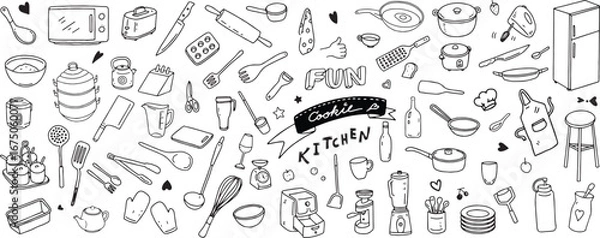 Fototapeta Set of kitchenware hand drawn such as pot, plate, glass, kettle, spoon, fork, pan, refrigerator, jar, mug. Baking accessories in doodle style. Vector illustration isolated on white background.